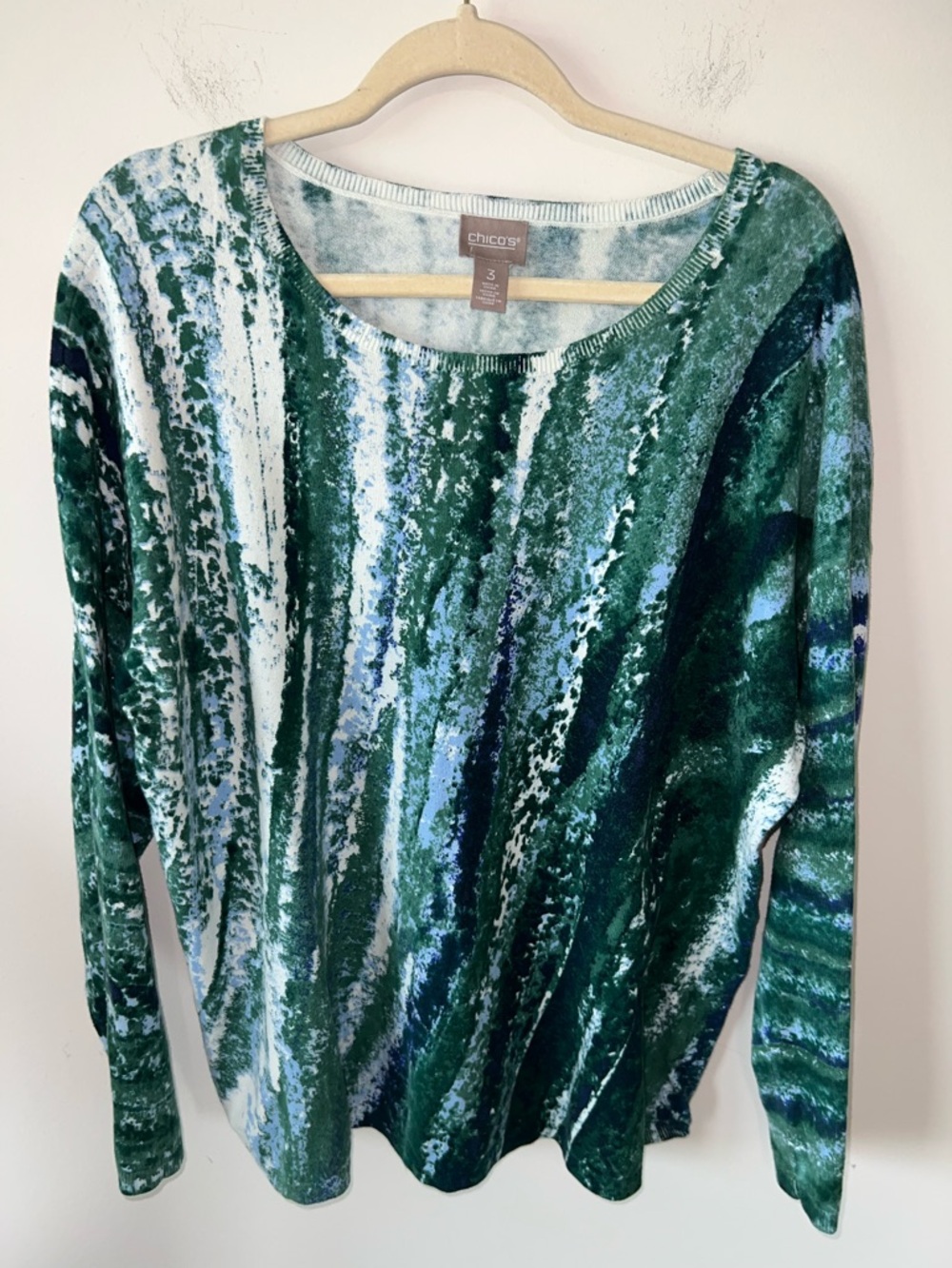 Chico’s XL/16 (3) Blue Green Lightweight Knit Watercolor Sweater